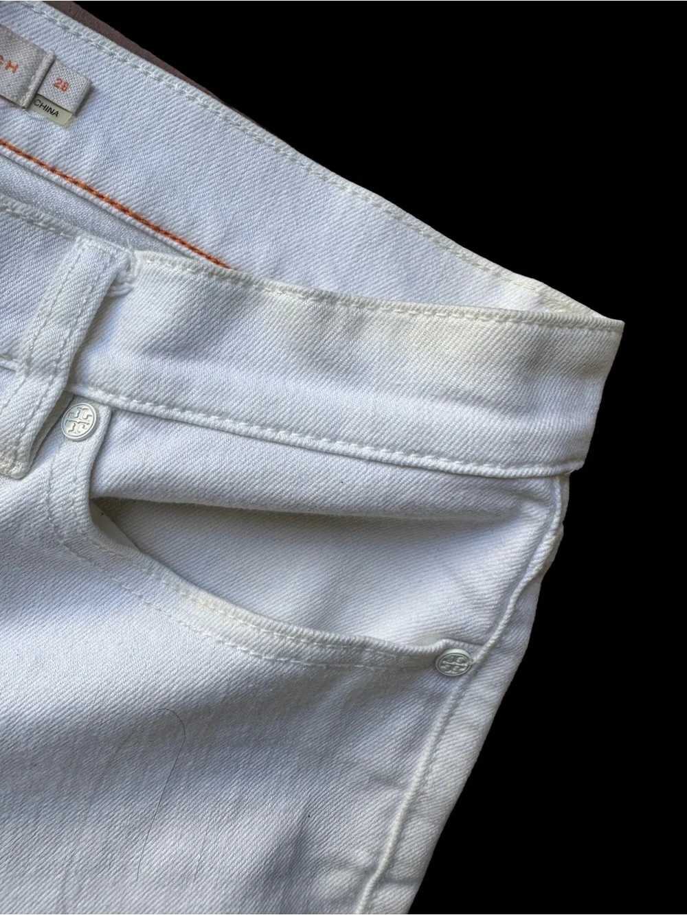 Tory Burch White Jeans with Orange Logo Detail